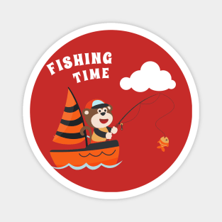 Vector cartoon illustration of cute monkey fishing on sailboat with cartoon style. Magnet